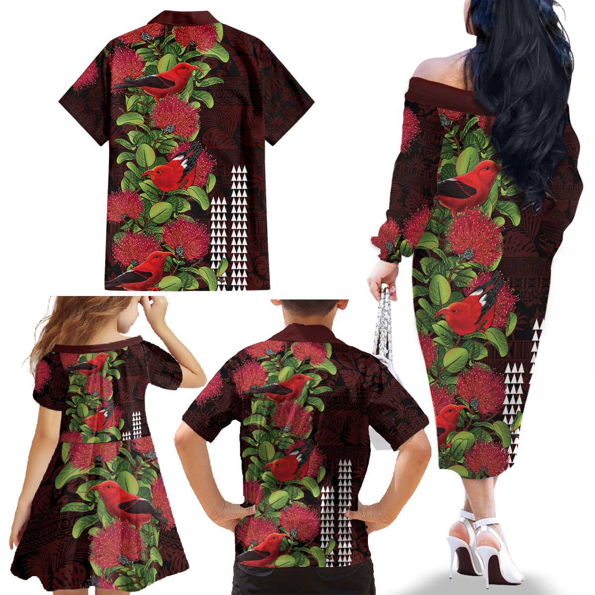 Hawaii Mele Kalikimaka Kakau Family Matching Off The Shoulder Long Sleeve Dress and Hawaiian Shirt I'iwi Bird on Ohia Lehua LT7 - Polynesian Pride