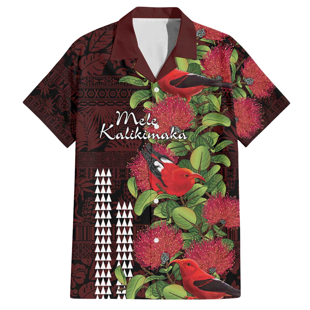 Hawaii Mele Kalikimaka Kakau Family Matching Off The Shoulder Long Sleeve Dress and Hawaiian Shirt I'iwi Bird on Ohia Lehua LT7 Dad's Shirt - Short Sleeve Black Red - Polynesian Pride