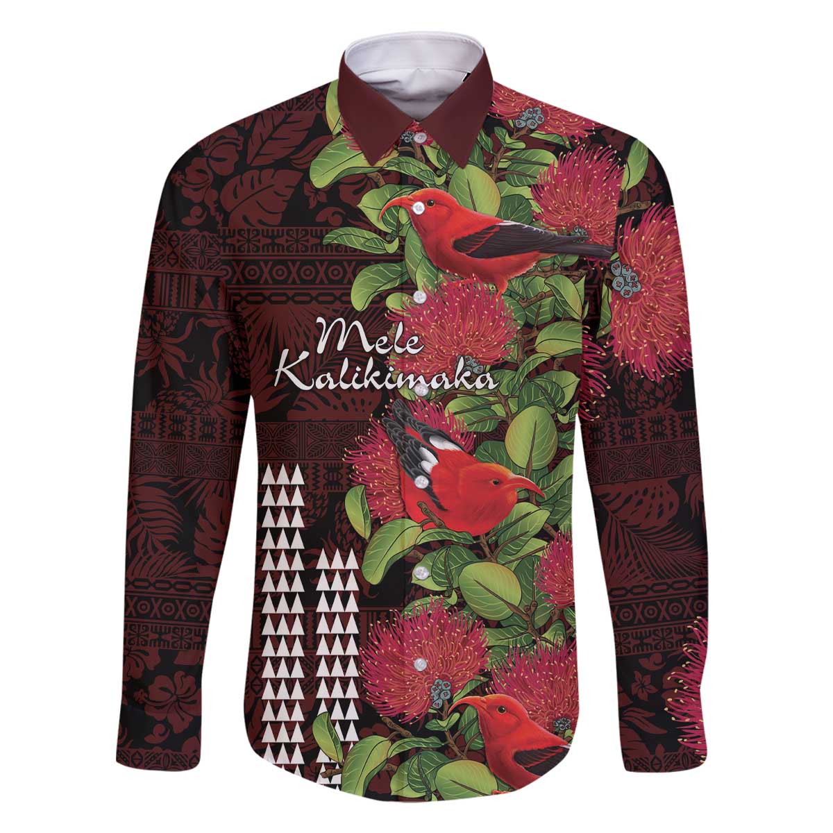Hawaii Mele Kalikimaka Kakau Family Matching Off The Shoulder Long Sleeve Dress and Hawaiian Shirt I'iwi Bird on Ohia Lehua LT7 Dad's Shirt - Long Sleeve Black Red - Polynesian Pride