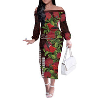 Hawaii Mele Kalikimaka Kakau Family Matching Off The Shoulder Long Sleeve Dress and Hawaiian Shirt I'iwi Bird on Ohia Lehua LT7 Mom's Dress Black Red - Polynesian Pride