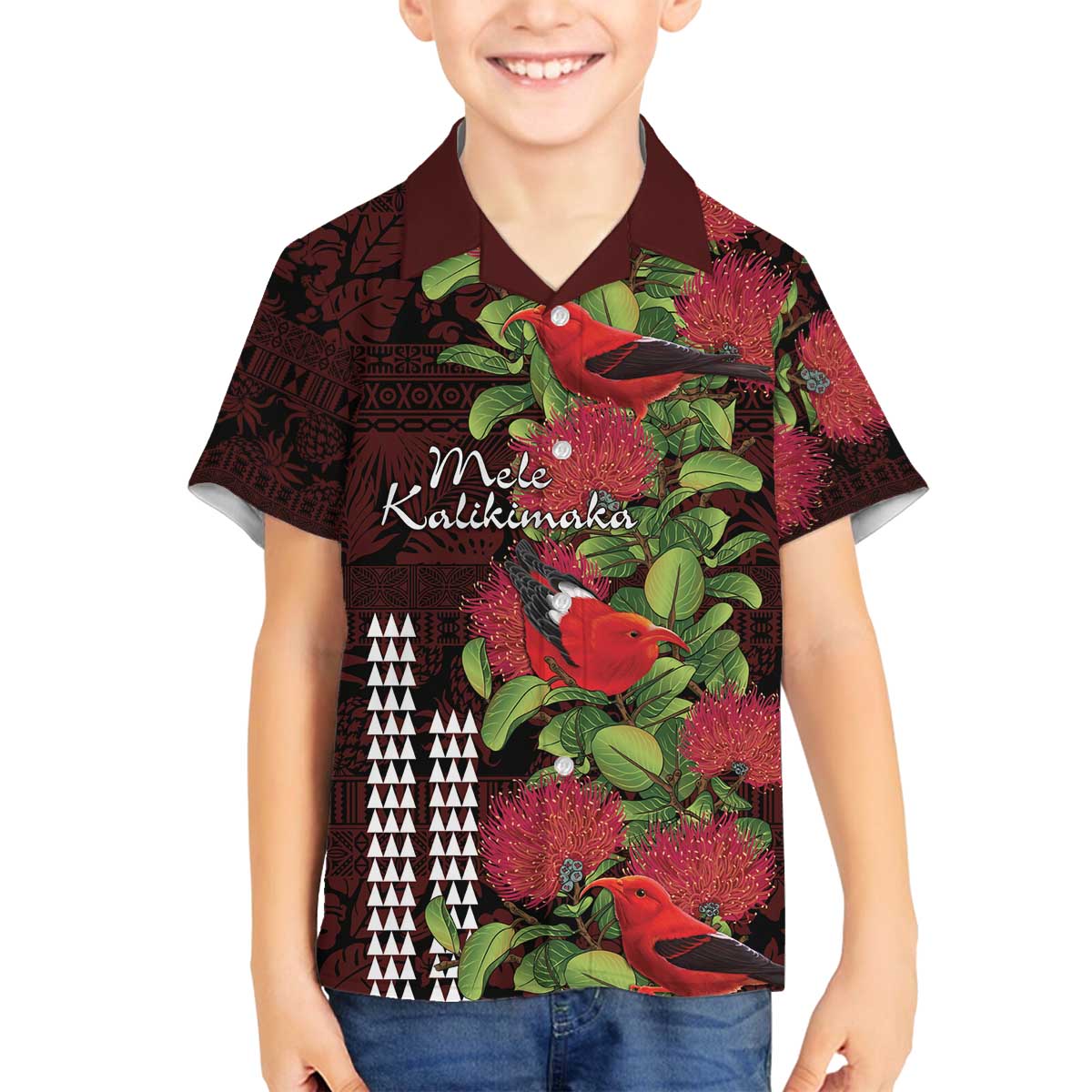 Hawaii Mele Kalikimaka Kakau Family Matching Off The Shoulder Long Sleeve Dress and Hawaiian Shirt I'iwi Bird on Ohia Lehua LT7 Son's Shirt Black Red - Polynesian Pride
