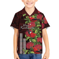 Hawaii Mele Kalikimaka Kakau Family Matching Off The Shoulder Long Sleeve Dress and Hawaiian Shirt I'iwi Bird on Ohia Lehua LT7 Son's Shirt Black Red - Polynesian Pride