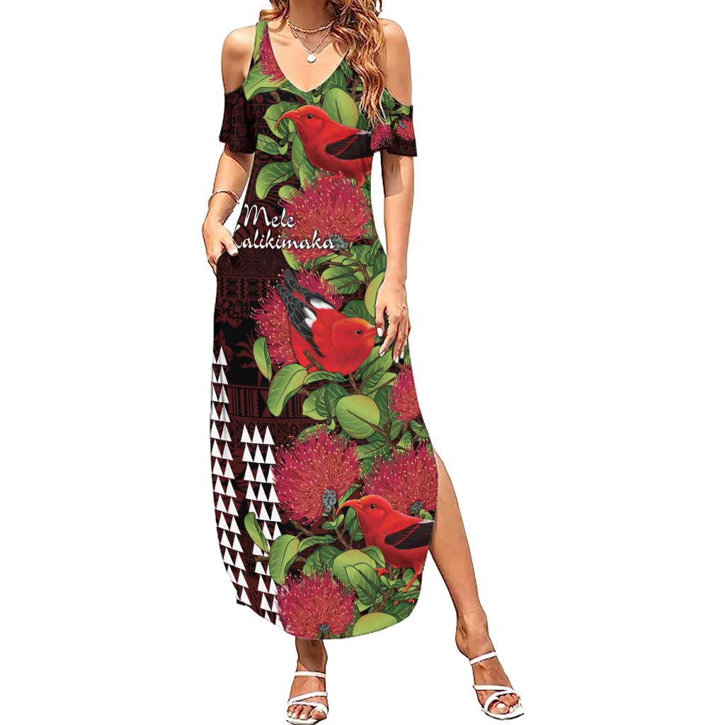 Hawaii Mele Kalikimaka Kakau Family Matching Summer Maxi Dress and Hawaiian Shirt I'iwi Bird on Ohia Lehua