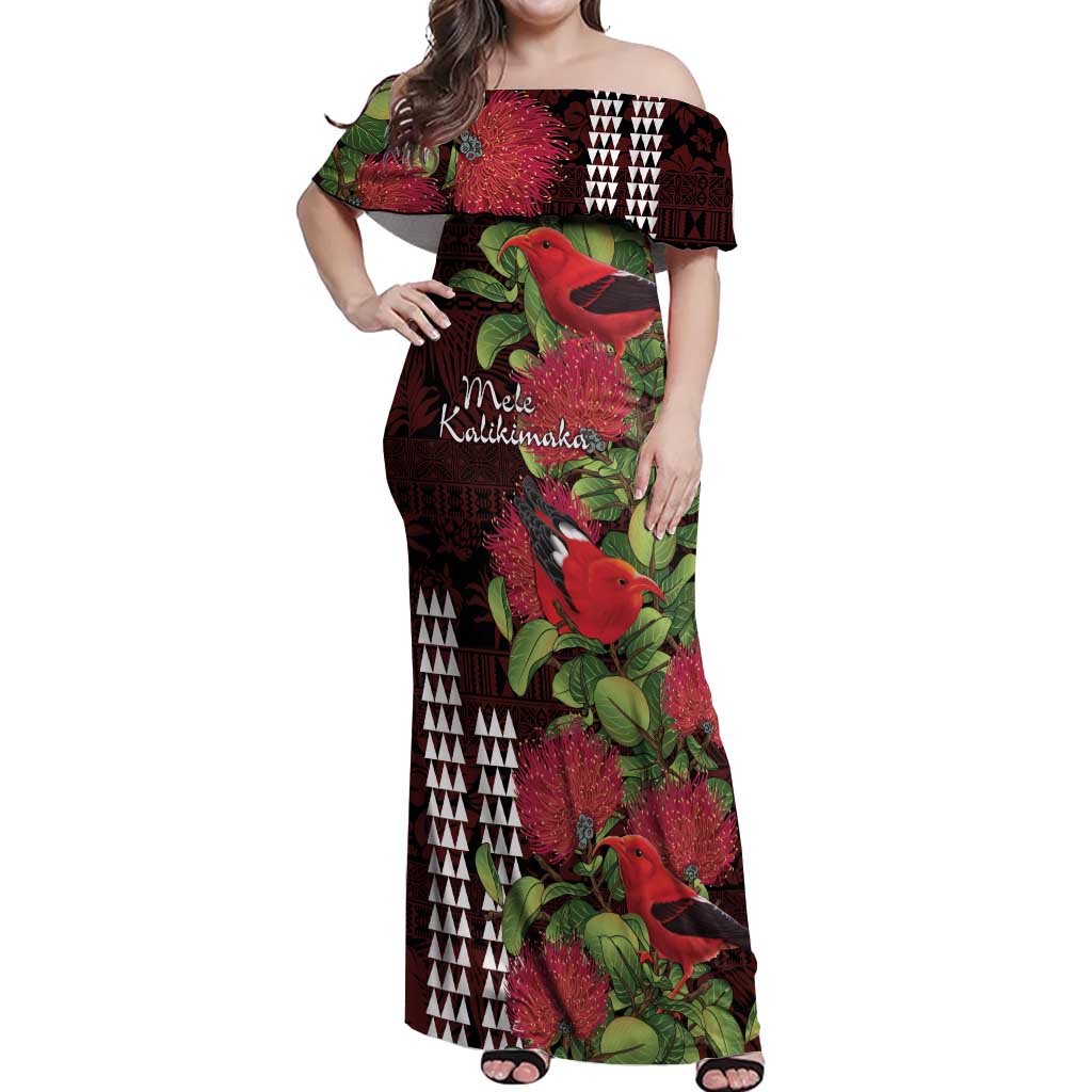 Hawaii Mele Kalikimaka Kakau Off Shoulder Maxi Dress I'iwi Bird on Ohia Lehua
