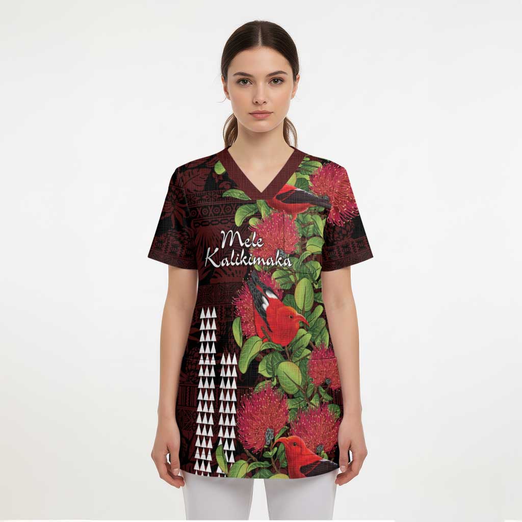 Hawaii Mele Kalikimaka Kakau Scrub Top I'iwi Bird on Ohia Lehua - Polynesian Pride