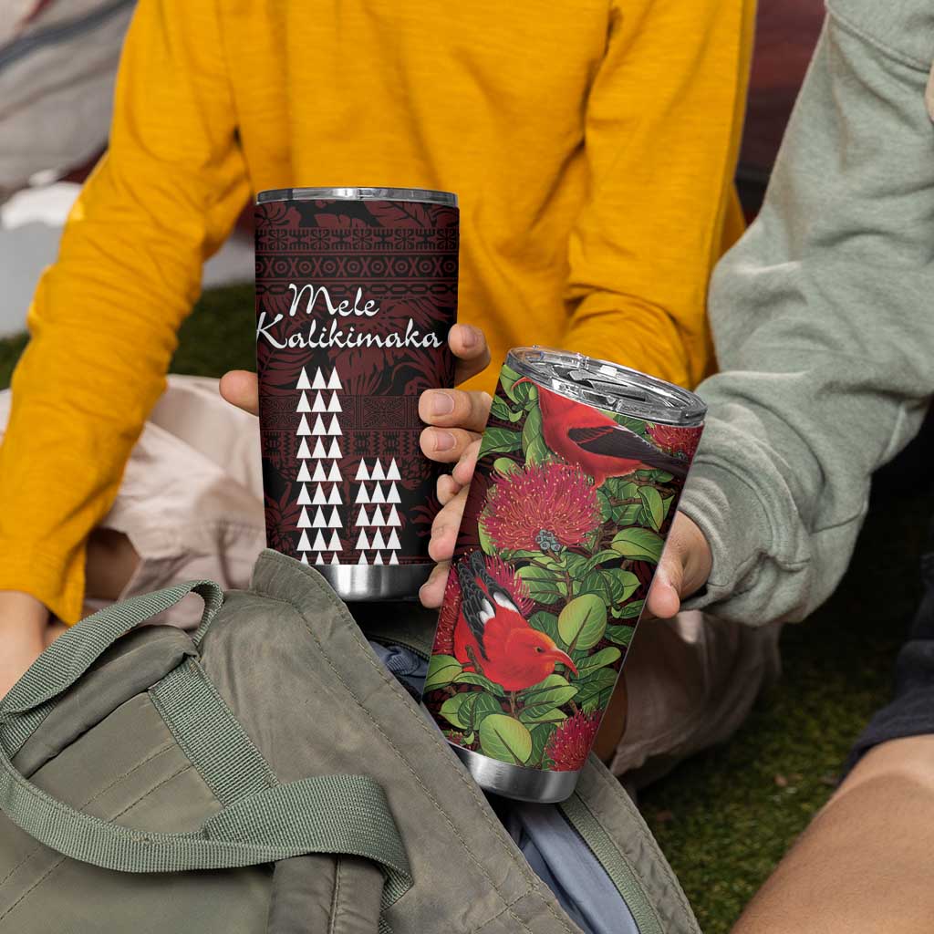 Hawaii Mele Kalikimaka Kakau Tumbler Cup I'iwi Bird on Ohia Lehua
