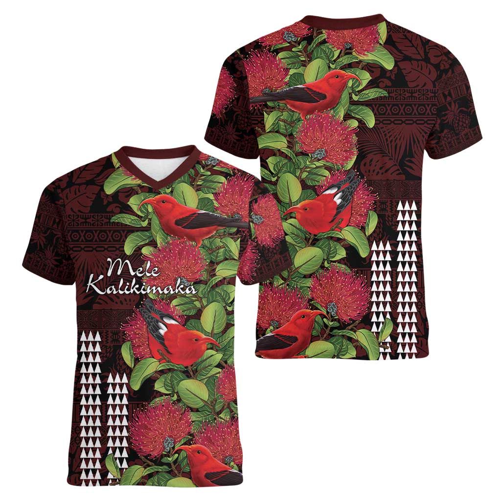 Hawaii Mele Kalikimaka Kakau Women V-Neck T-Shirt I'iwi Bird on Ohia Lehua
