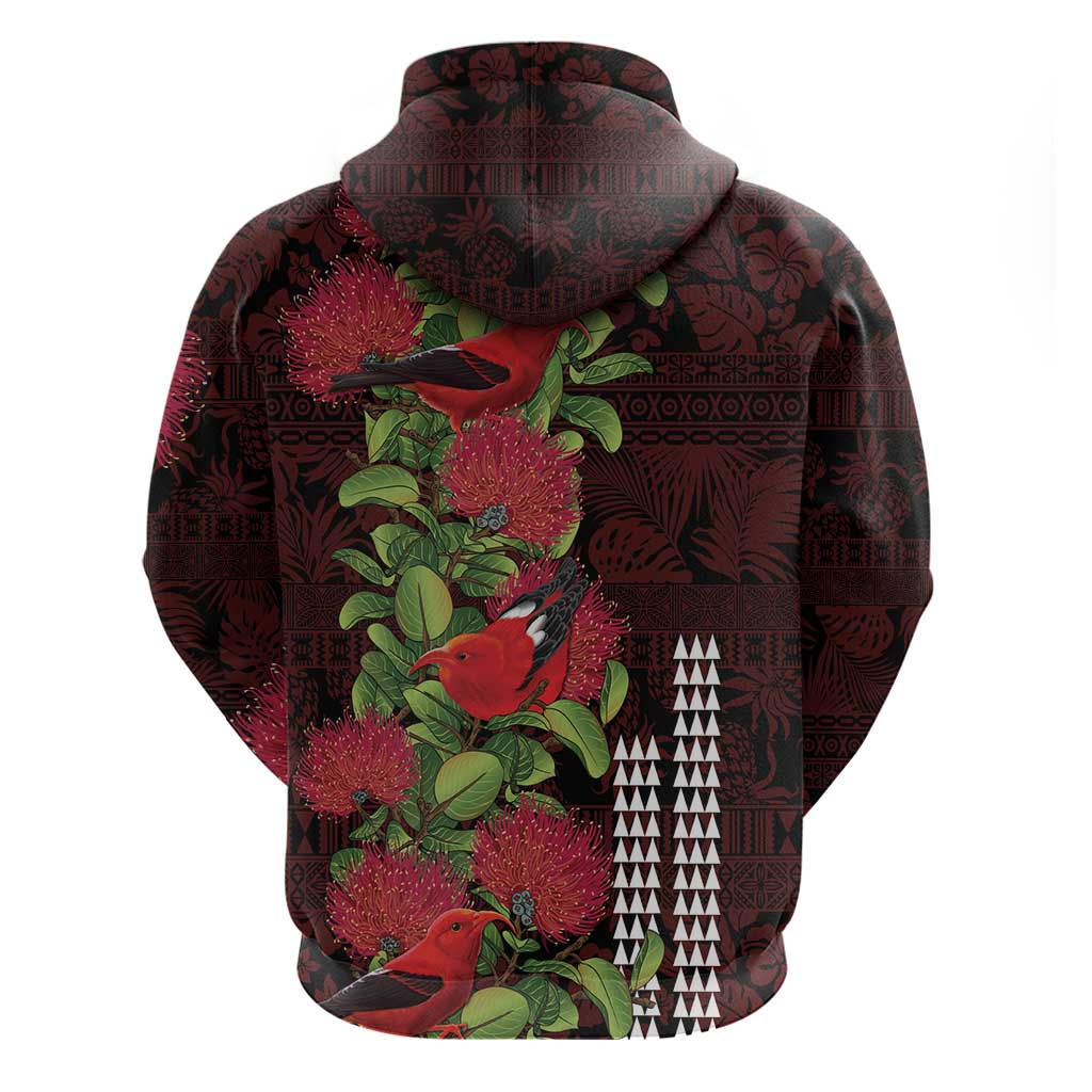 Hawaii Mele Kalikimaka Kakau Zip Hoodie I'iwi Bird on Ohia Lehua