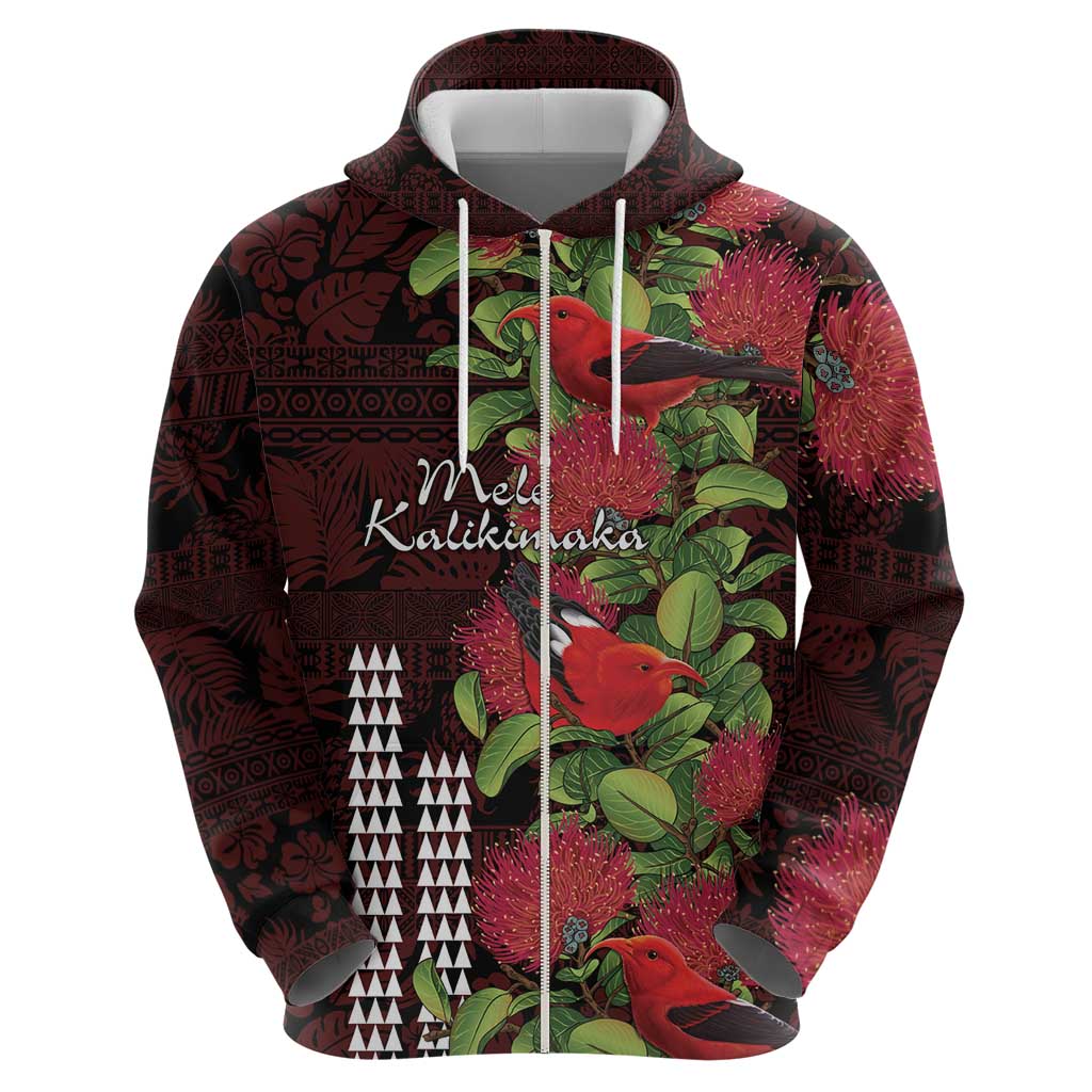Hawaii Mele Kalikimaka Kakau Zip Hoodie I'iwi Bird on Ohia Lehua