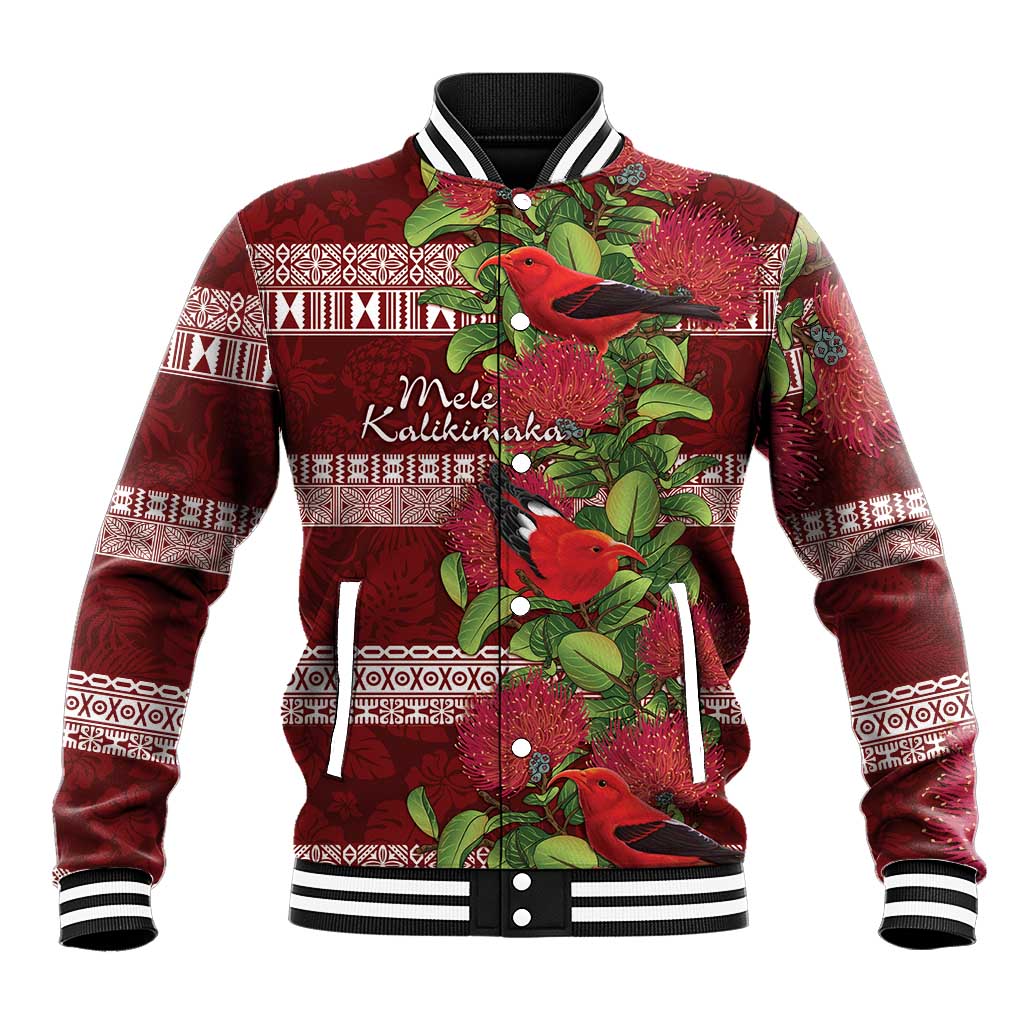 Hawaii Christmas Mele Kalikimaka Baseball Jacket I'iwi Bird on Ohia Lehua