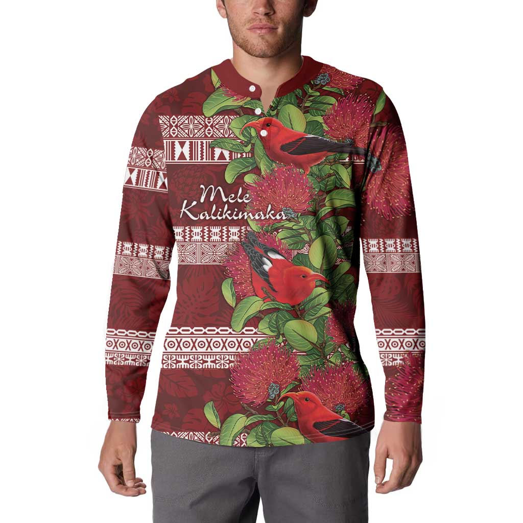 Hawaii Christmas Mele Kalikimaka Button Sweatshirt I'iwi Bird on Ohia Lehua