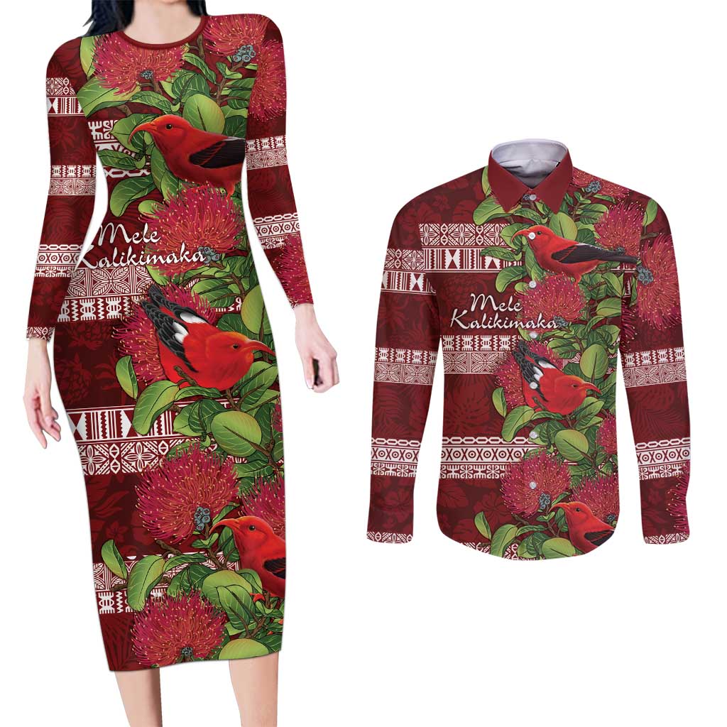 Hawaii Christmas Mele Kalikimaka Couples Matching Long Sleeve Bodycon Dress and Long Sleeve Button Shirt I'iwi Bird on Ohia Lehua