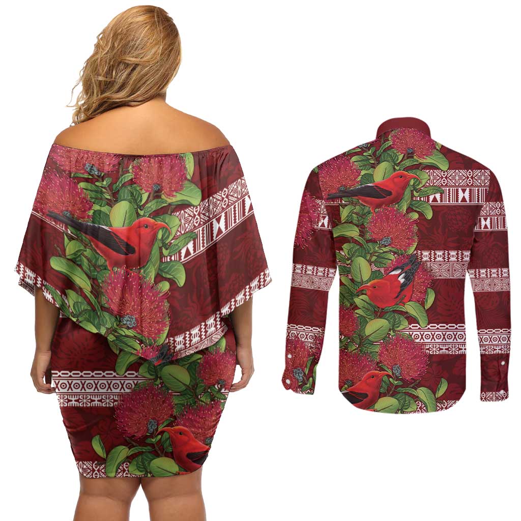 Hawaii Christmas Mele Kalikimaka Couples Matching Off Shoulder Short Dress and Long Sleeve Button Shirt I'iwi Bird on Ohia Lehua