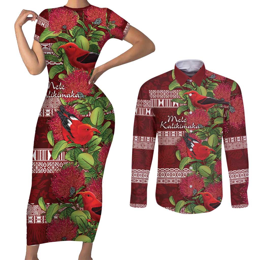 Hawaii Christmas Mele Kalikimaka Couples Matching Short Sleeve Bodycon Dress and Long Sleeve Button Shirt I'iwi Bird on Ohia Lehua
