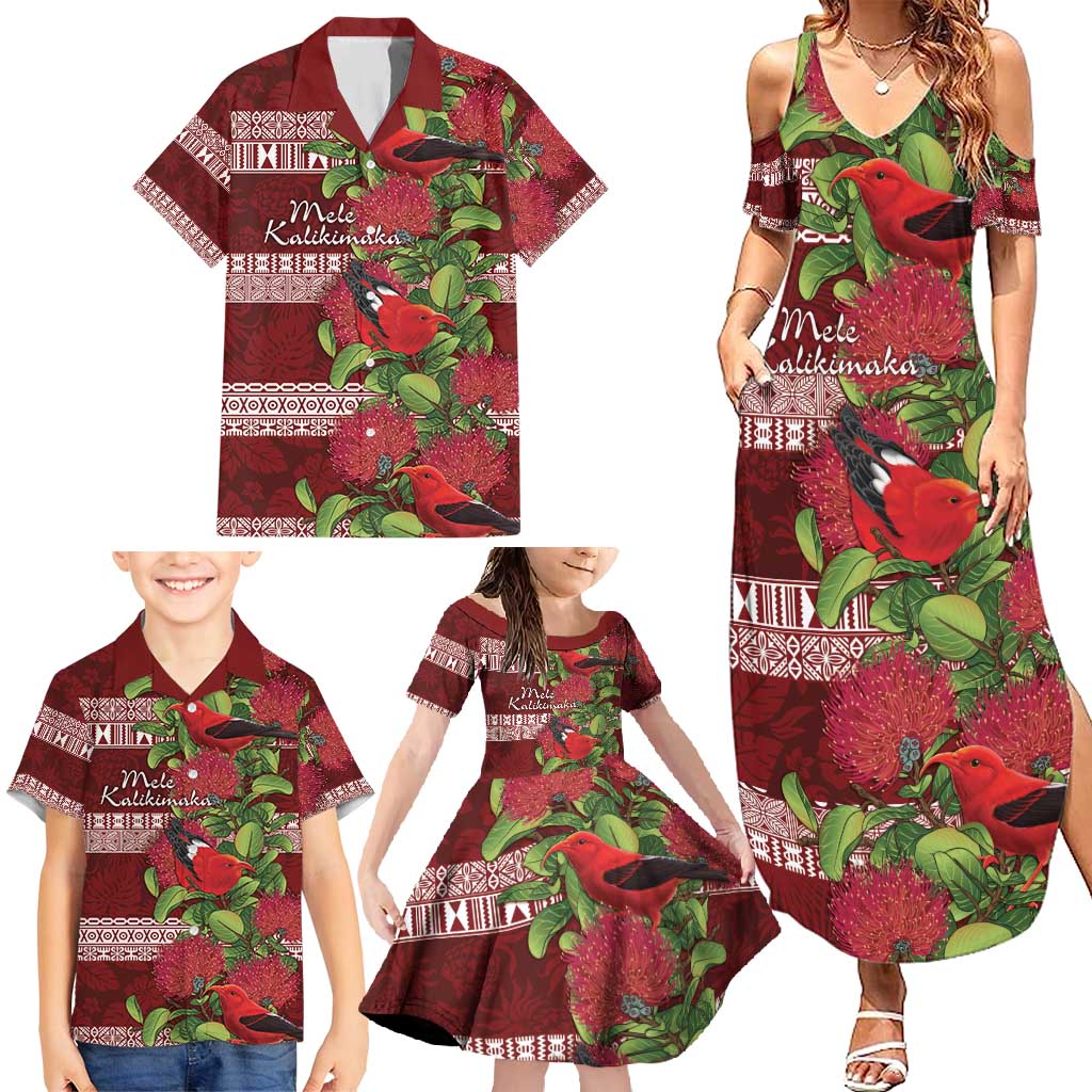 Hawaii Christmas Mele Kalikimaka Family Matching Summer Maxi Dress and Hawaiian Shirt I'iwi Bird on Ohia Lehua