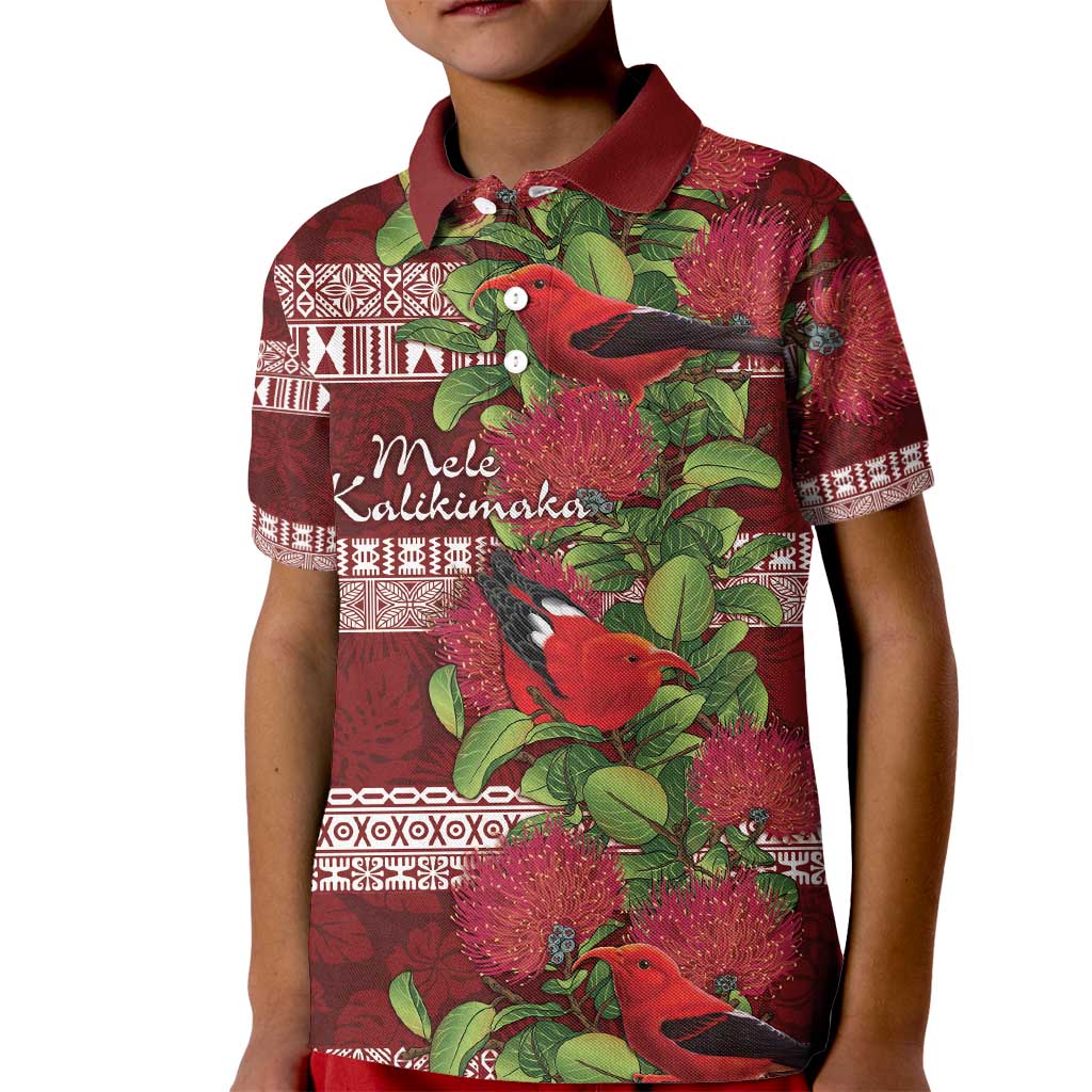 Hawaii Christmas Mele Kalikimaka Kid Polo Shirt I'iwi Bird on Ohia Lehua