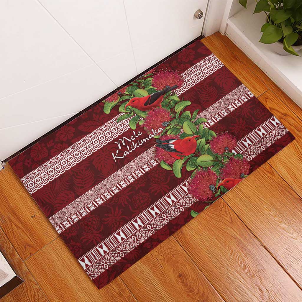 Hawaii Christmas Mele Kalikimaka Rubber Doormat I'iwi Bird on Ohia Lehua