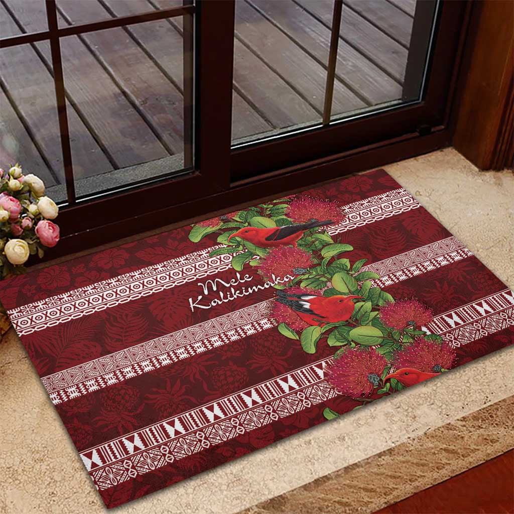 Hawaii Christmas Mele Kalikimaka Rubber Doormat I'iwi Bird on Ohia Lehua