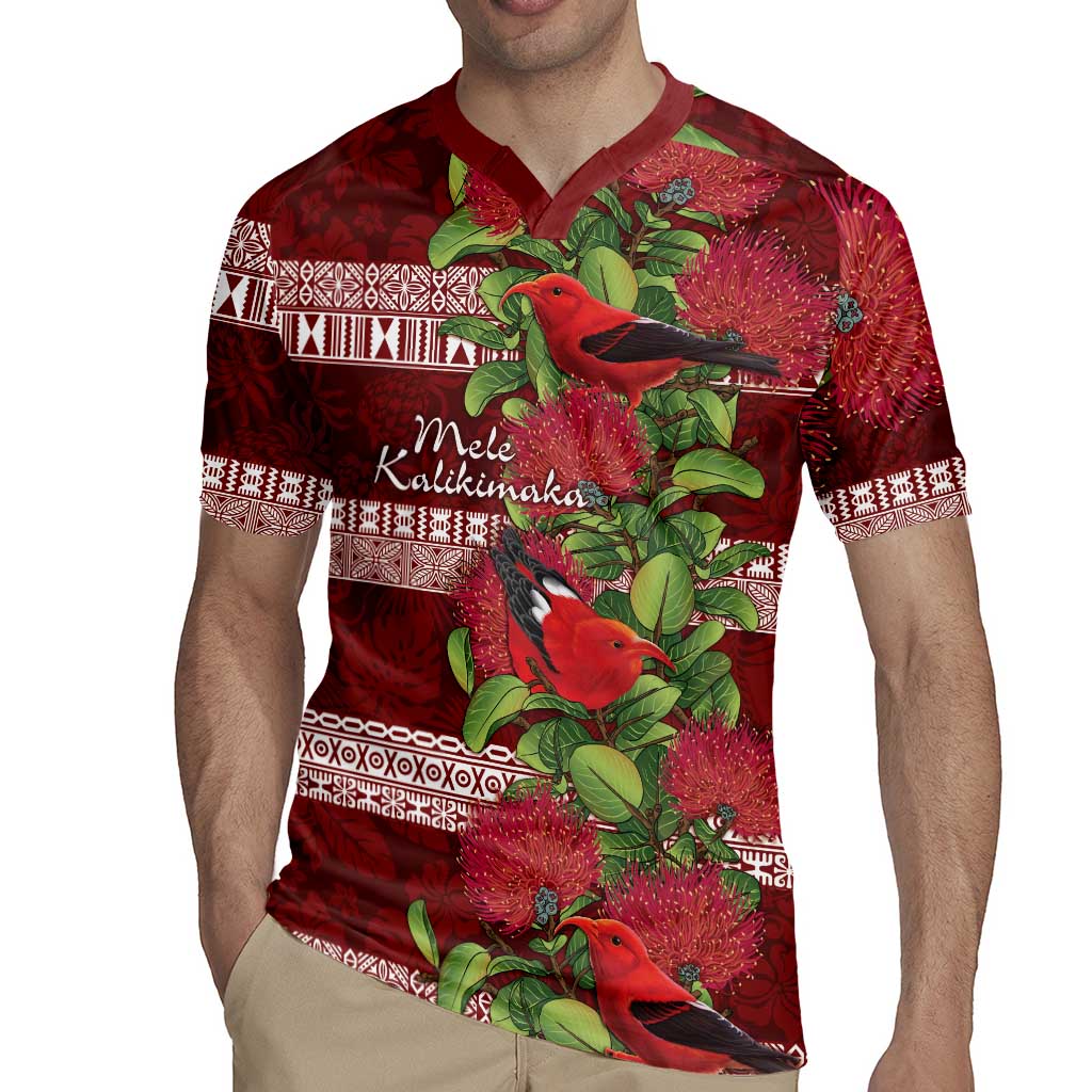 Hawaii Christmas Mele Kalikimaka Rugby Jersey I'iwi Bird on Ohia Lehua