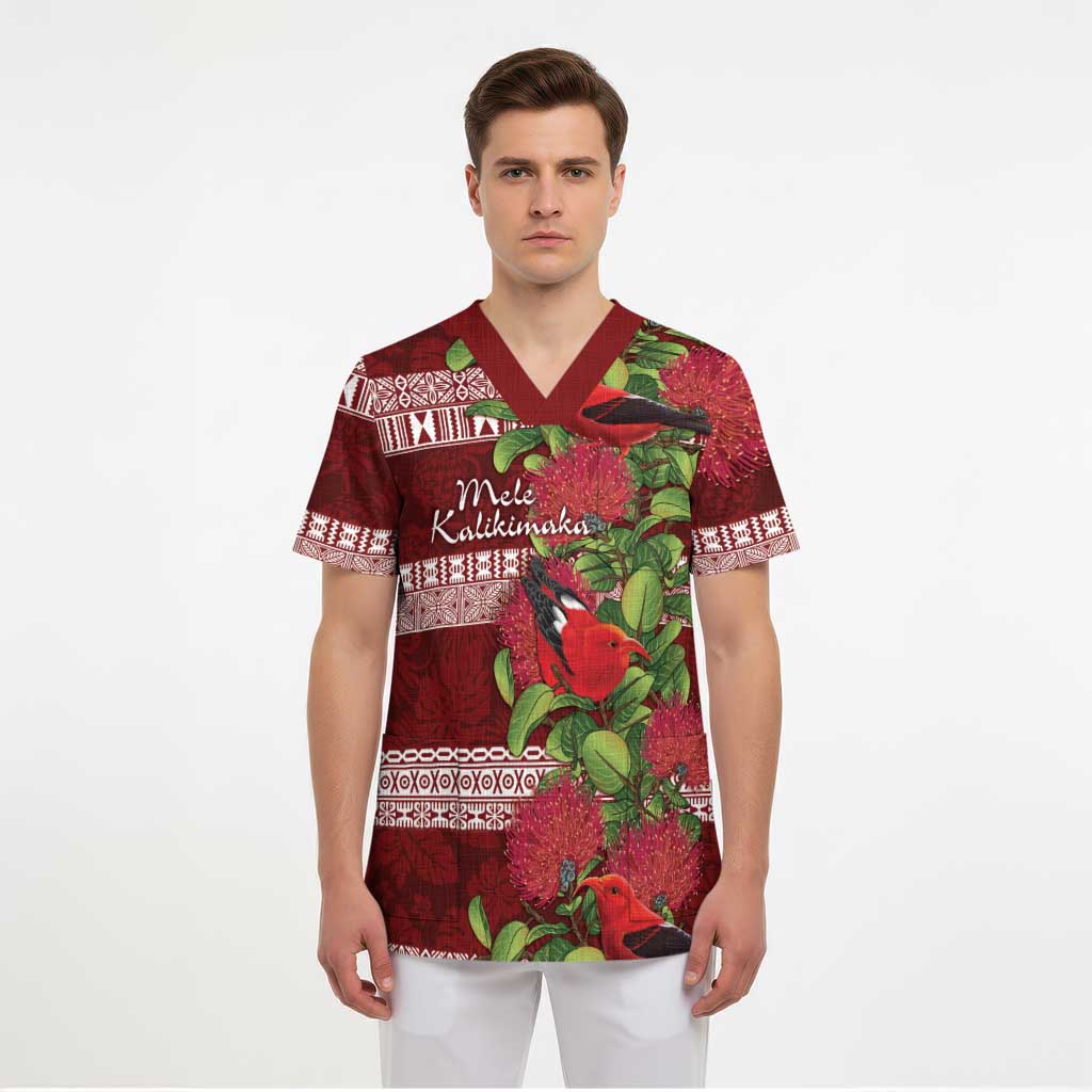 Hawaii Christmas Mele Kalikimaka Scrub Top I'iwi Bird on Ohia Lehua - Polynesian Pride