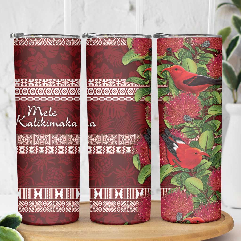 Hawaii Christmas Mele Kalikimaka Skinny Tumbler I'iwi Bird on Ohia Lehua
