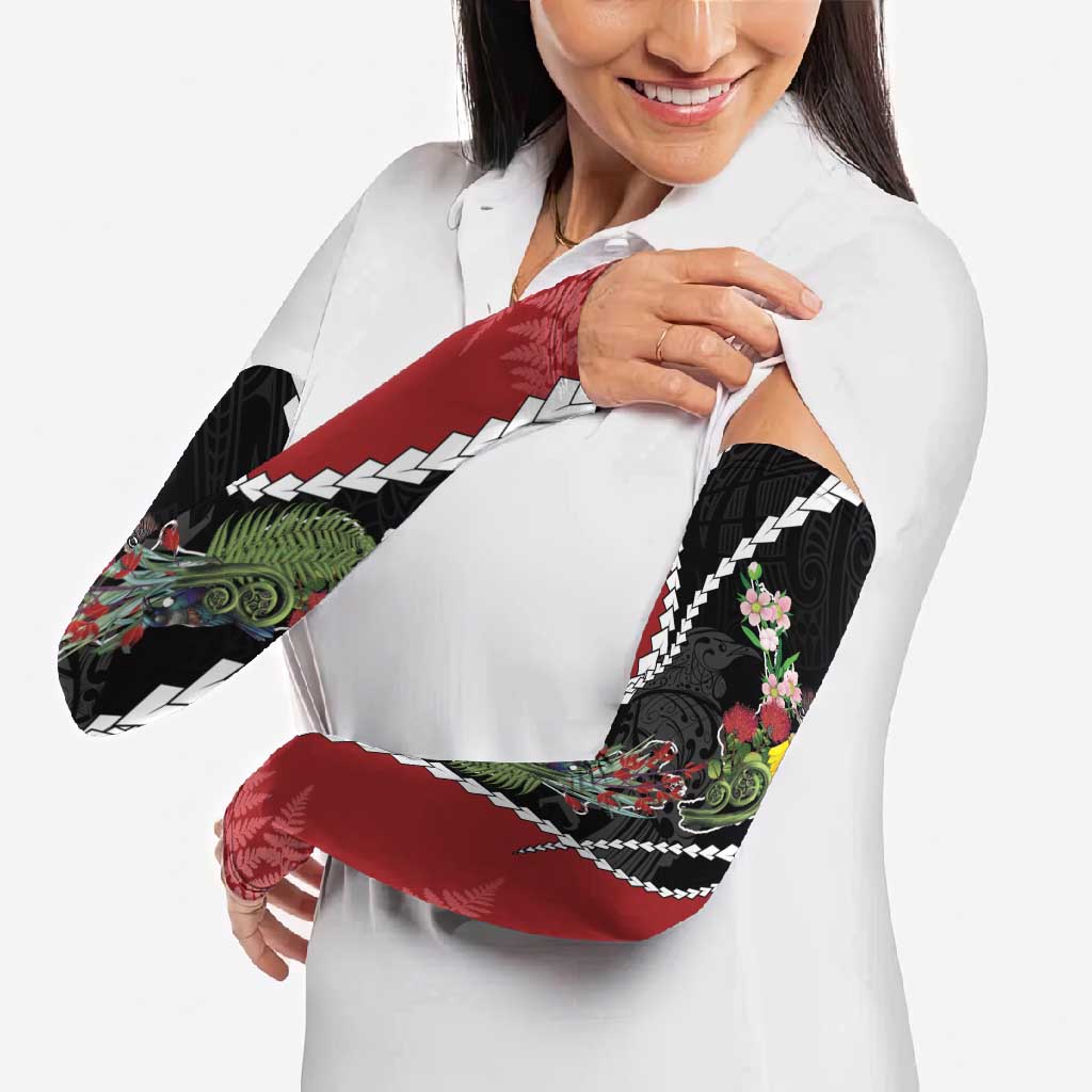 New Zealand Christmas Arm Sleeves Flora Map with Birds - Polynesian Pride