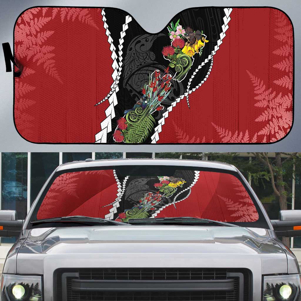New Zealand Christmas Auto Sun Shade Flora Map with Birds - Polynesian Pride