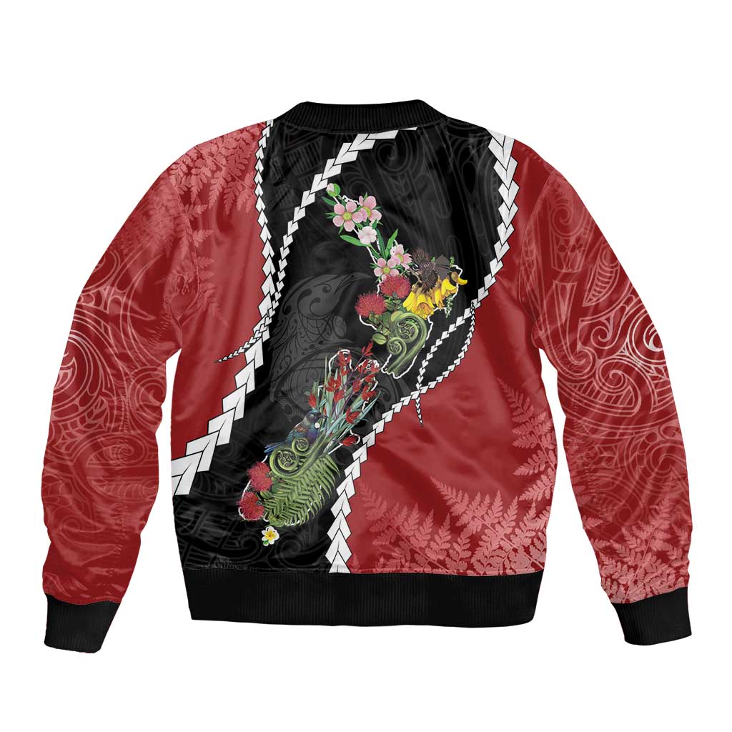 New Zealand Christmas Bomber Jacket Flora Map with Birds - Polynesian Pride