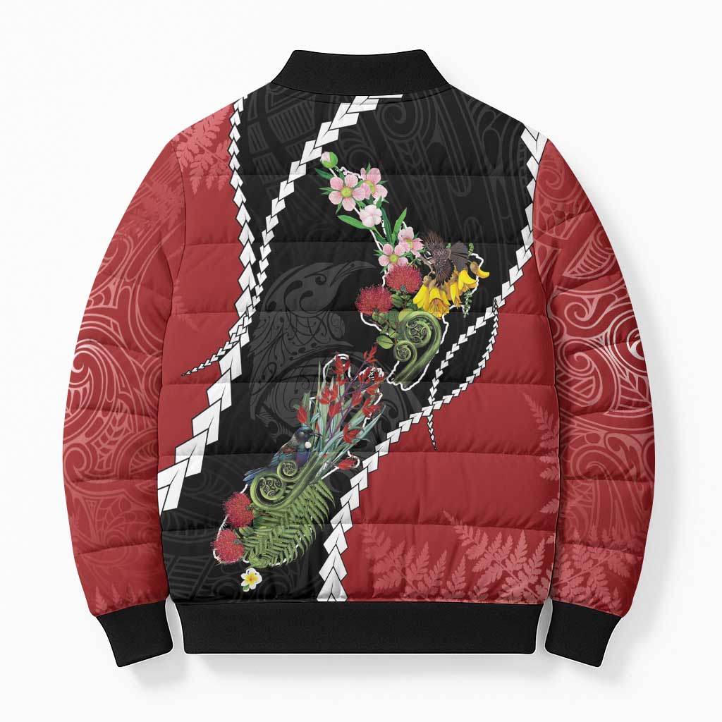 New Zealand Christmas Bomber Puffer Jacket Flora Map with Birds - Polynesian Pride