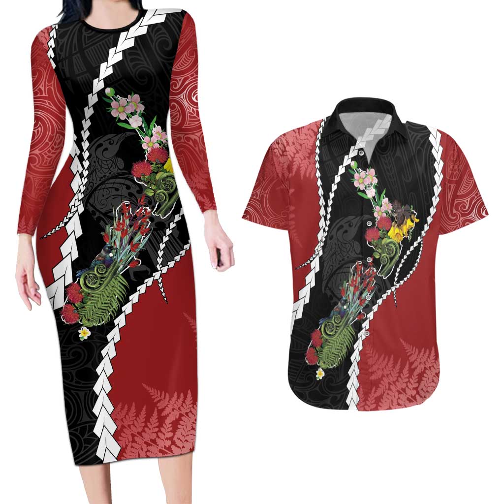 New Zealand Christmas Couples Matching Long Sleeve Bodycon Dress and Hawaiian Shirt Flora Map with Birds - Polynesian Pride