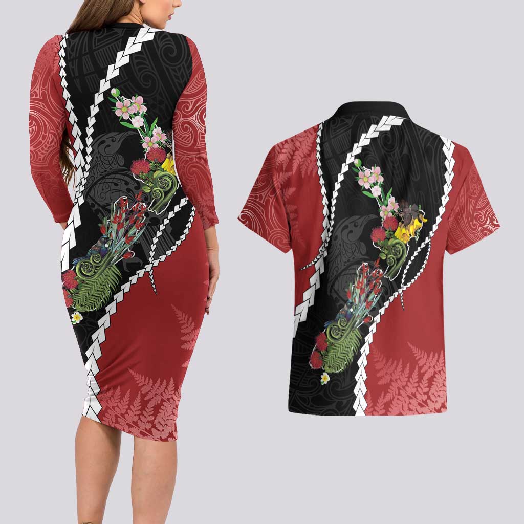New Zealand Christmas Couples Matching Long Sleeve Bodycon Dress and Hawaiian Shirt Flora Map with Birds - Polynesian Pride