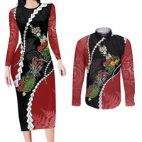 New Zealand Christmas Couples Matching Long Sleeve Bodycon Dress and Long Sleeve Button Shirt Flora Map with Birds - Polynesian Pride