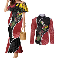 New Zealand Christmas Couples Matching Mermaid Dress and Long Sleeve Button Shirt Flora Map with Birds - Polynesian Pride