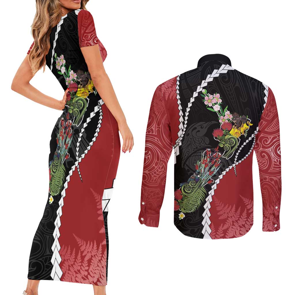 New Zealand Christmas Couples Matching Short Sleeve Bodycon Dress and Long Sleeve Button Shirt Flora Map with Birds - Polynesian Pride