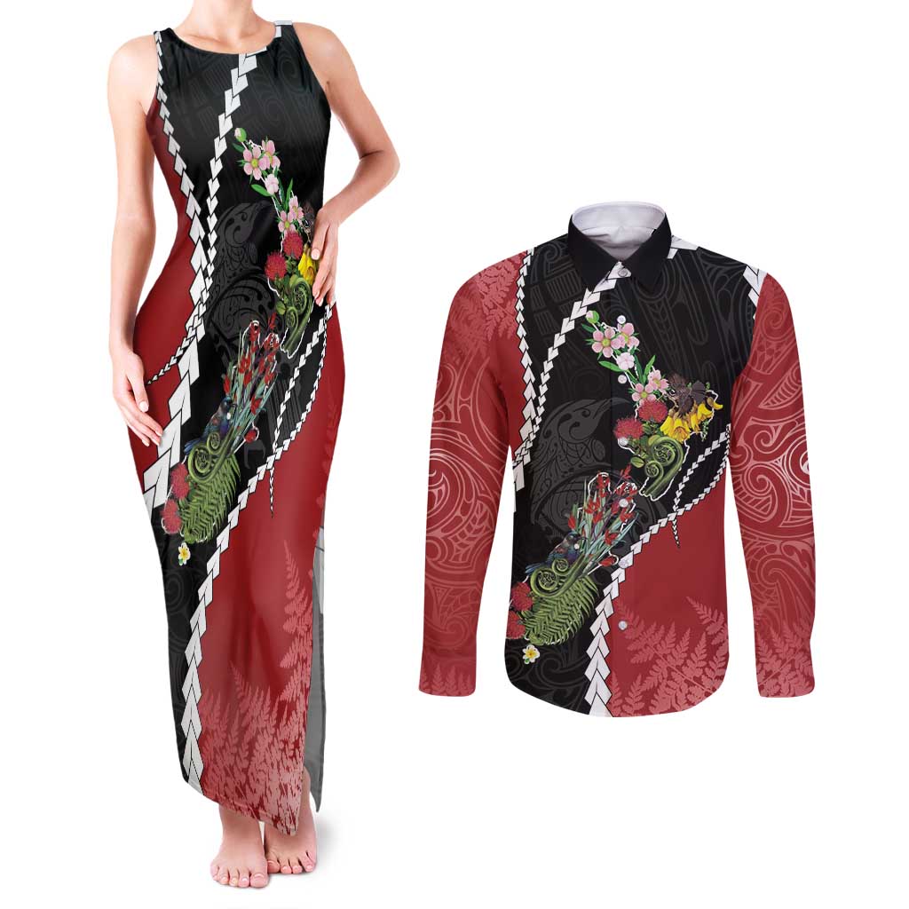 New Zealand Christmas Couples Matching Tank Maxi Dress and Long Sleeve Button Shirt Flora Map with Birds - Polynesian Pride