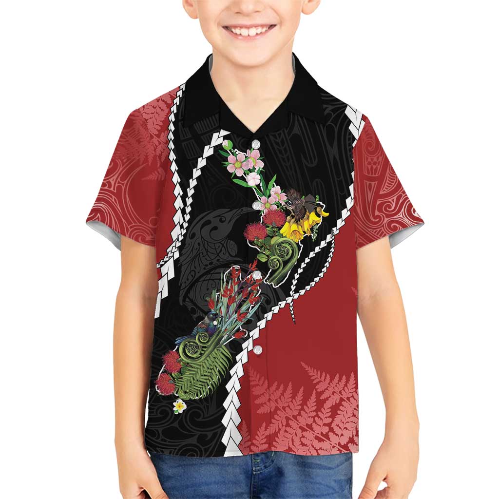 New Zealand Christmas Family Matching Long Sleeve Bodycon Dress and Hawaiian Shirt Flora Map with Birds - Polynesian Pride