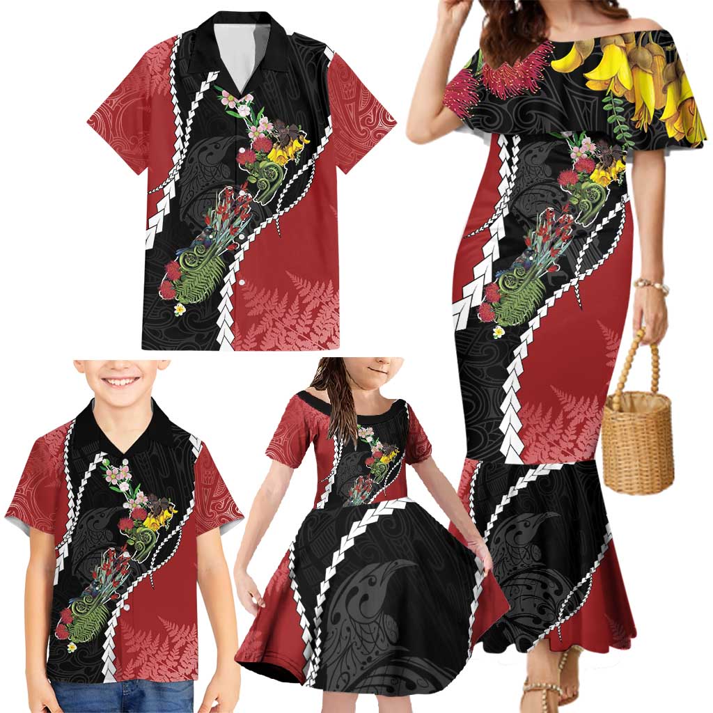 New Zealand Christmas Family Matching Mermaid Dress and Hawaiian Shirt Flora Map with Birds - Polynesian Pride