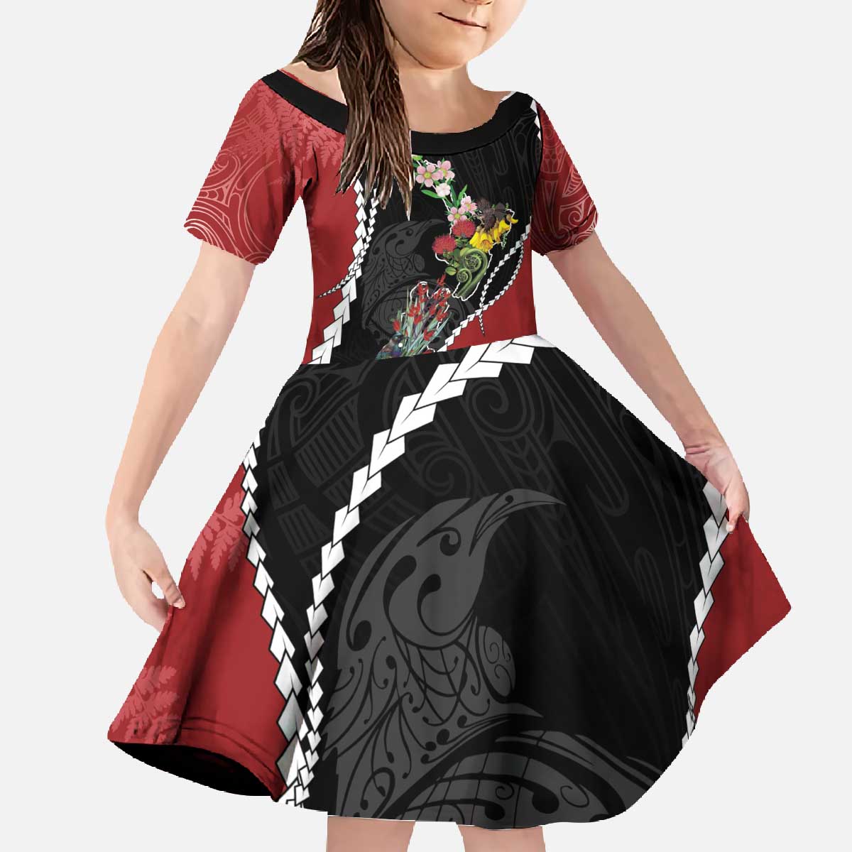 New Zealand Christmas Family Matching Off The Shoulder Long Sleeve Dress and Hawaiian Shirt Flora Map with Birds - Polynesian Pride