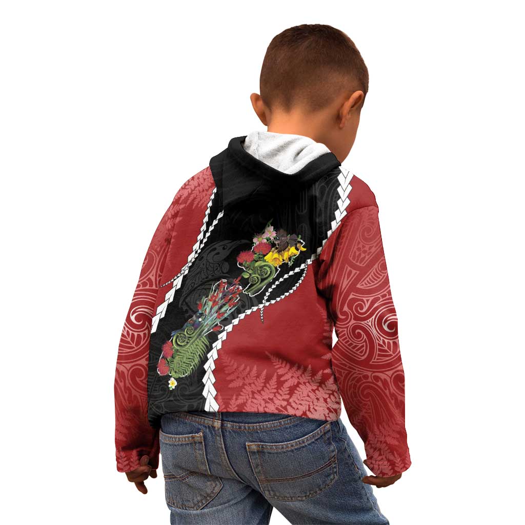 New Zealand Christmas Kid Hoodie Flora Map with Birds - Polynesian Pride
