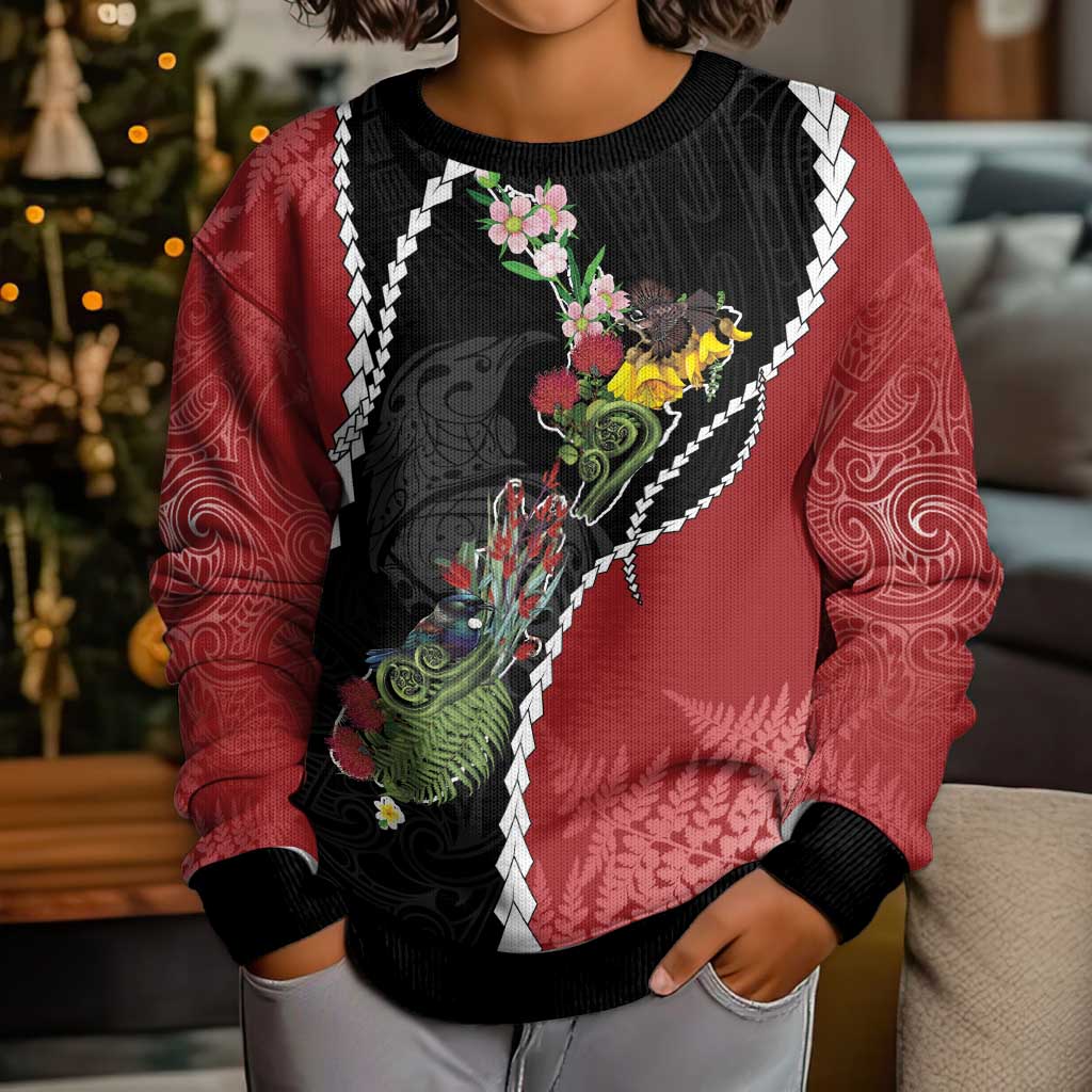 New Zealand Christmas Kid Ugly Christmas Sweater Flora Map with Birds - Polynesian Pride