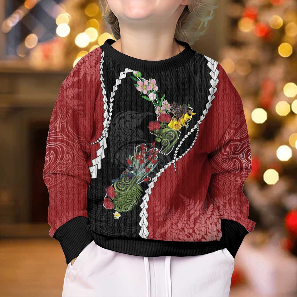 New Zealand Christmas Kid Ugly Christmas Sweater Flora Map with Birds - Polynesian Pride