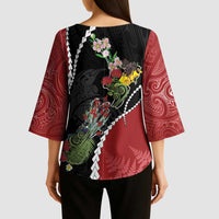 New Zealand Christmas Kimono Sleeve Blouse Flora Map with Birds - Polynesian Pride