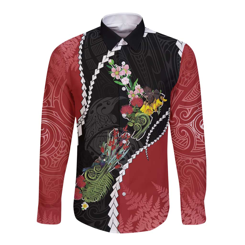 New Zealand Christmas Long Sleeve Button Shirt Flora Map with Birds - Polynesian Pride