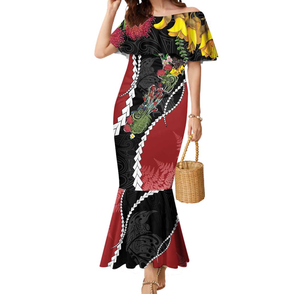 New Zealand Christmas Mermaid Dress Flora Map with Birds - Polynesian Pride