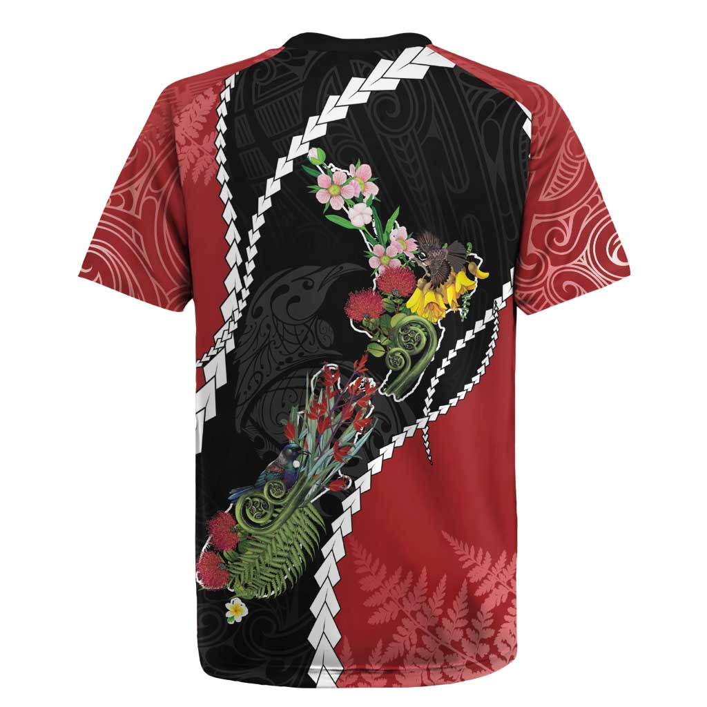 New Zealand Christmas Rugby Jersey Flora Map with Birds - Polynesian Pride