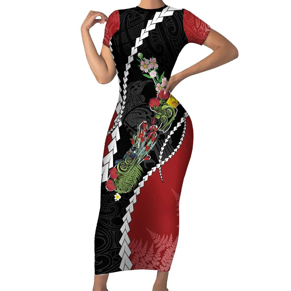 New Zealand Christmas Short Sleeve Bodycon Dress Flora Map with Birds - Polynesian Pride
