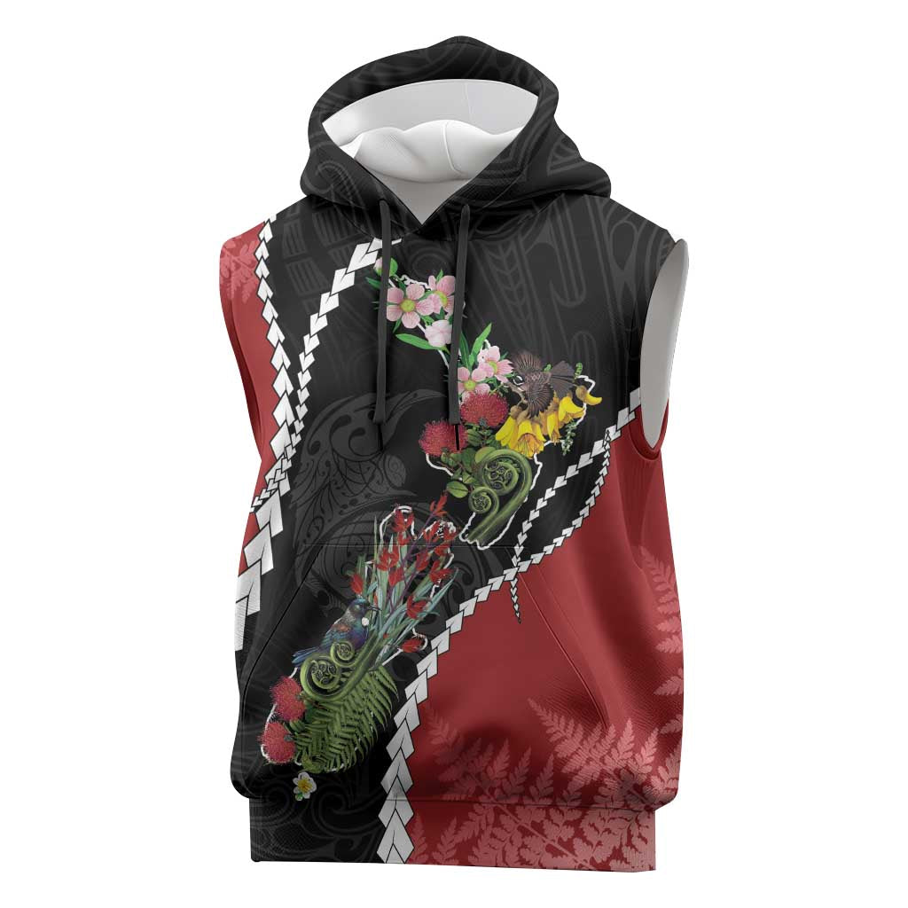 New Zealand Christmas Sleeveless Hoodie Flora Map with Birds - Polynesian Pride