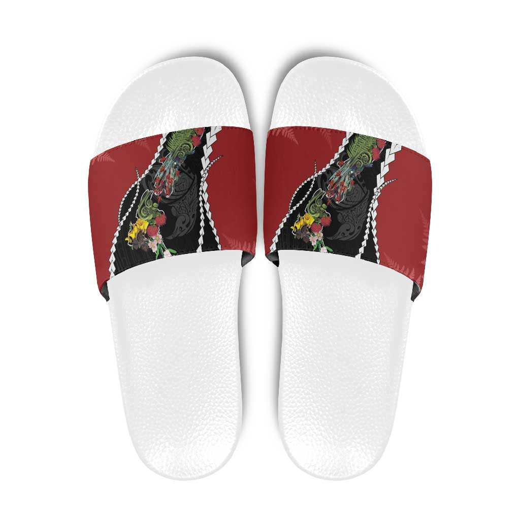 New Zealand Christmas Slide Sandals Flora Map with Birds - Polynesian Pride