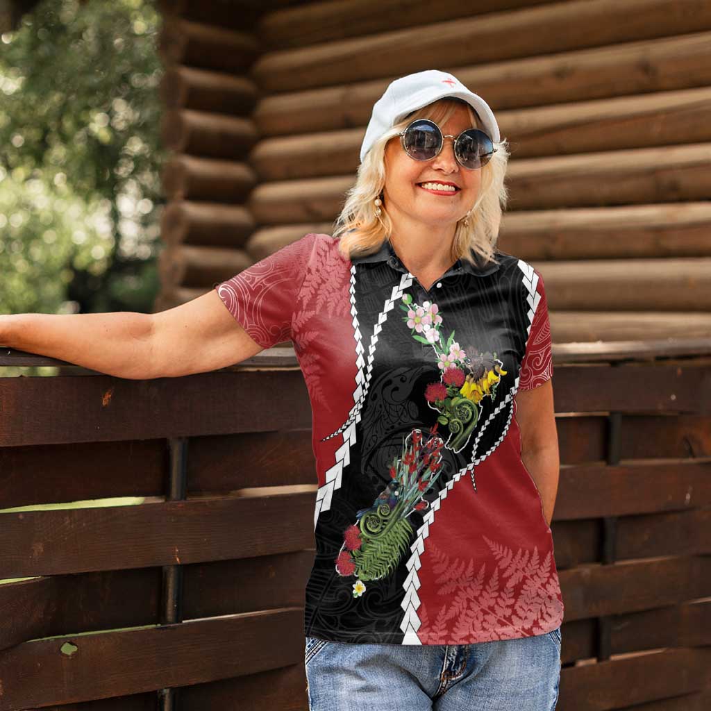 New Zealand Christmas Women Polo Shirt Flora Map with Birds - Polynesian Pride