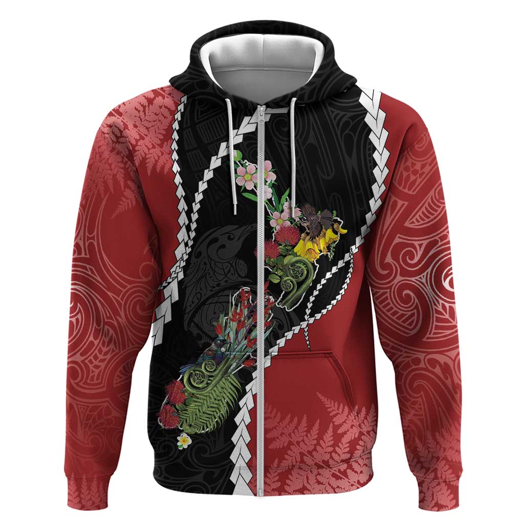 New Zealand Christmas Zip Hoodie Flora Map with Birds - Polynesian Pride